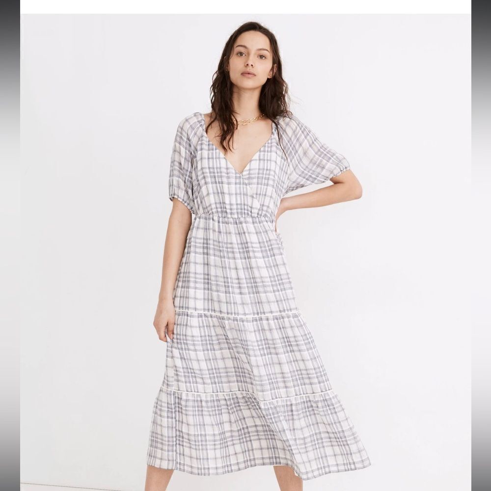 Madewell White and Gray Plaid Midi Dress